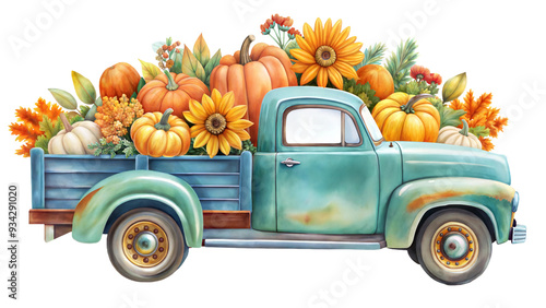 A vintage truck filled with colorful pumpkins and sunflowers is parked amidst autumn foliage, capturing the essence of a fall harvest scene isolated on transparent background photo