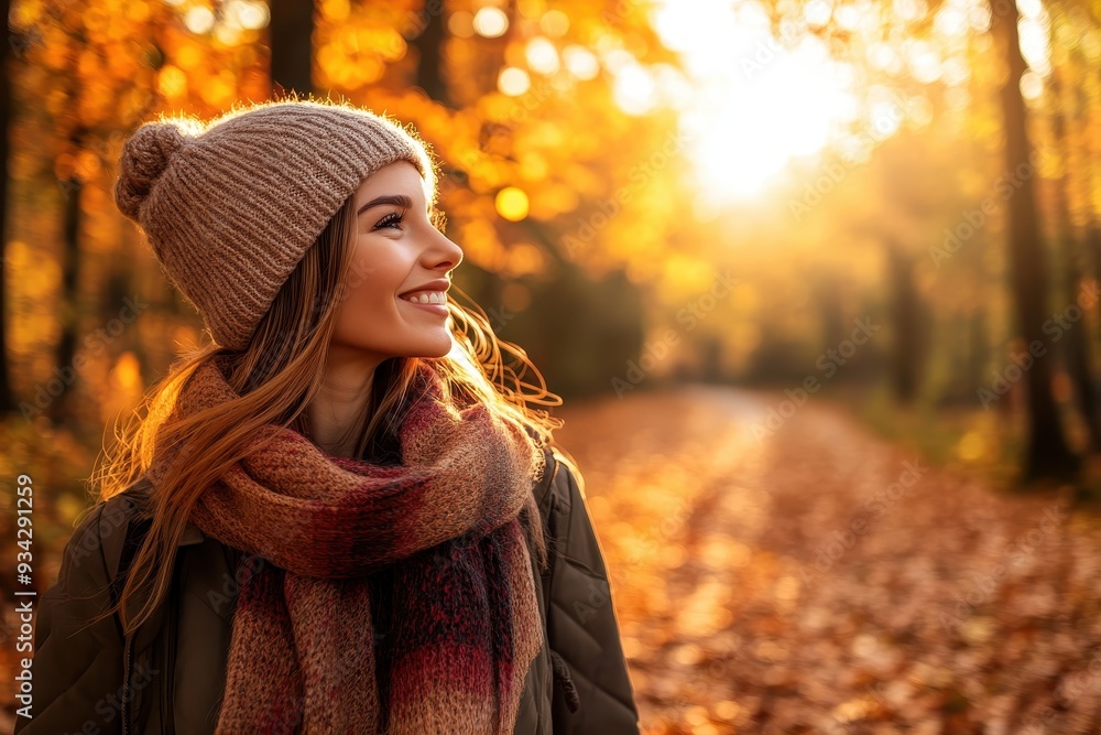 A person strolling along a leaf-covered path in an autumn forest, wearing a cozy scarf, wool hat, and a long coat. A person strolling along a leaf-covered path in an autumn forest, wearing a cozy scarf, wool hat, and a long coat.
