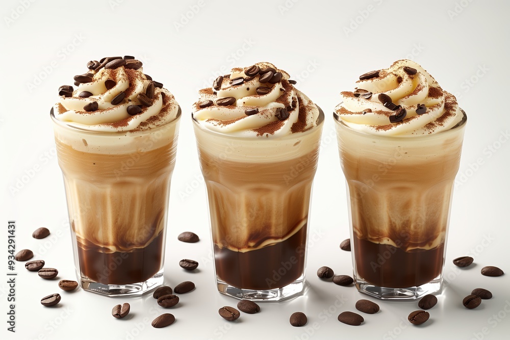 three glasses of frappe coffee topped with whipped cream and chocolate chips in on white background three glasses of frappe coffee topped with whipped cream and chocolate chips in on white background
