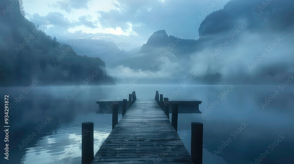 Fototapeta premium A wooden pier extends into a misty lake surrounded by mountains, creating a serene and mysterious atmosphere.
