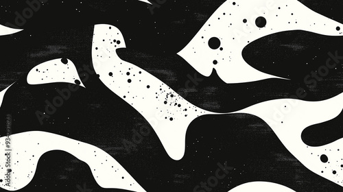 Dynamic black and white seamless pattern with abstract swirling shapes and splatters, creating a bold, high-contrast design with an edgy feel.