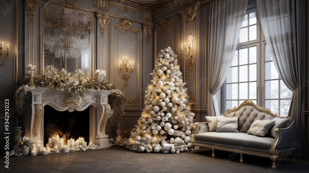 Modern holiday room mockup with christmas tree and fireplace for festive greetings Modern holiday room mockup with christmas tree and fireplace for festive greetings