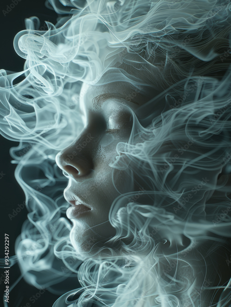 Young woman's face surrounded by swirling smoke. Young woman's face surrounded by swirling smoke.
