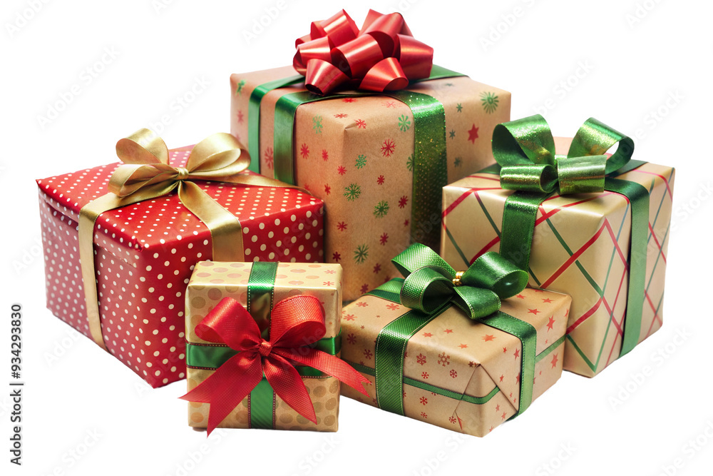 Obraz premium Colorful wrapped gifts in various sizes adorned with bows and ribbons arranged on a white background showcasing festive holiday spirit isolated on transparent background