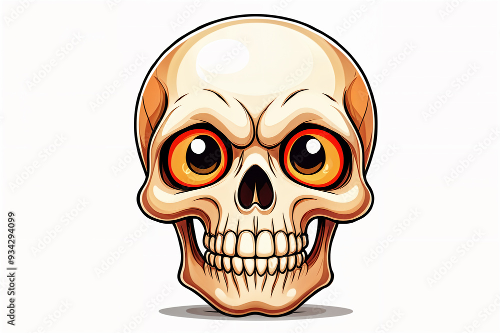 Fototapeta premium Stylized skull with glowing eyes, set against a plain background.