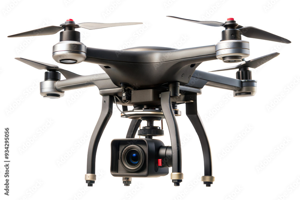 A high-tech drone equipped with a camera, designed for aerial photography and videography, showcasing its sleek design and advanced features isolated on transparent background A high-tech drone equipped with a camera, designed for aerial photography and videography, showcasing its sleek design and advanced features isolated on transparent background