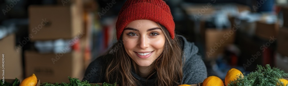 Smiling woman in red hat with oranges and boxes of oranges, banner, copy space Smiling woman in red hat with oranges and boxes of oranges, banner, copy space