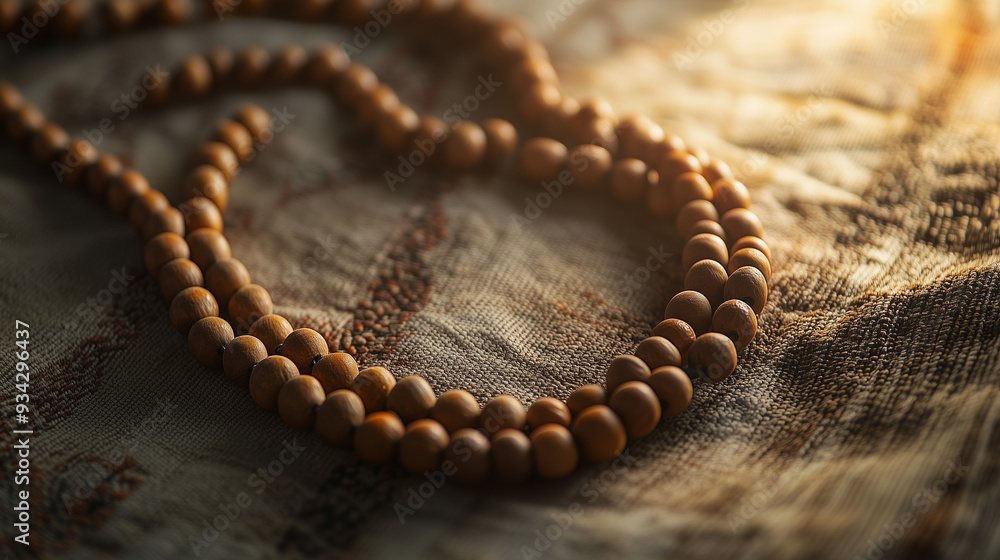Fototapeta premium Wooden prayer beads resting on fabric in soft morning light, symbol of meditation and spirituality