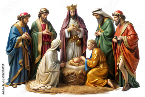 A detailed nativity scene featuring Mary, Joseph, baby Jesus, and the Three Wise Men in a heartfelt moment of reverence during the Christmas season isolated on transparent background