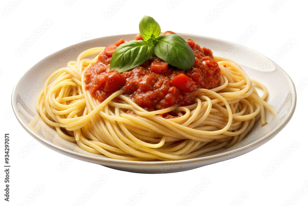 Delicious spaghetti topped with rich tomato sauce and fresh basil served in a white bowl, perfect for a comforting meal any time of day isolated on transparent background Delicious spaghetti topped with rich tomato sauce and fresh basil served in a white bowl, perfect for a comforting meal any time of day isolated on transparent background