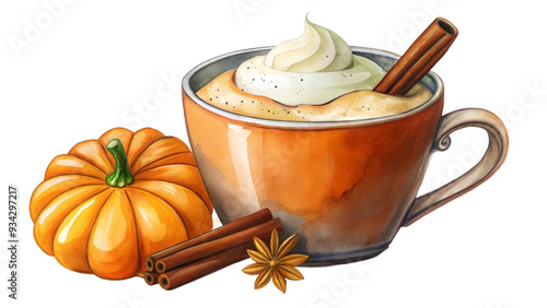 Fototapeta Naklejka Na Ścianę i Meble -  A warm cup of spiced pumpkin drink topped with whipped cream and cinnamon sticks alongside a small pumpkin during autumn isolated on transparent background
