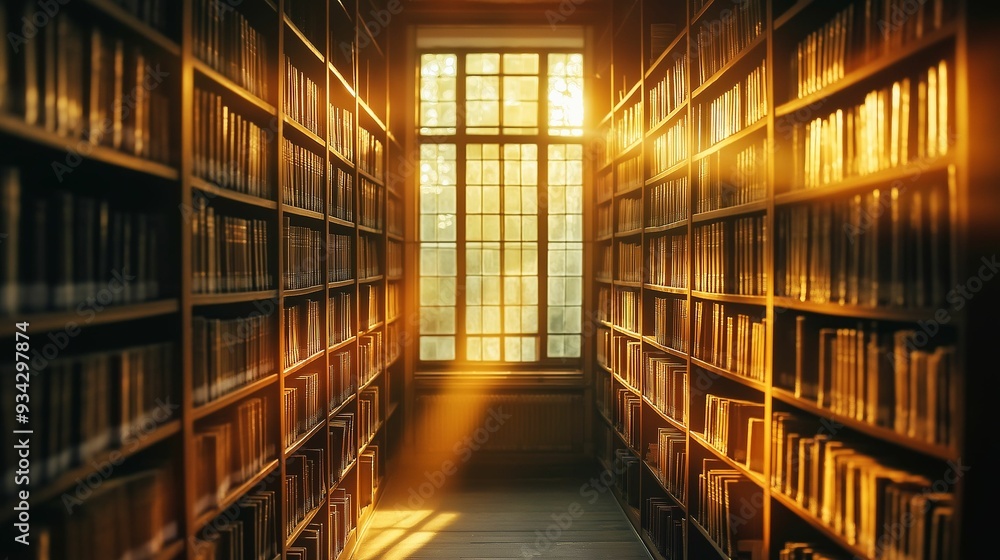 A peaceful library aisle filled with bookshelves bathed in warm sunlight streaming through large arched windows. A peaceful library aisle filled with bookshelves bathed in warm sunlight streaming through large arched windows.