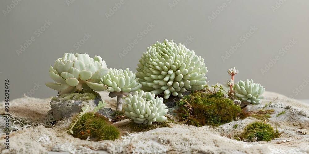Succulents on Sand with Mossy Background Succulents on Sand with Mossy Background