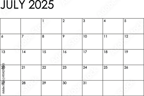 July 2025 month calendar. Simple black and white design