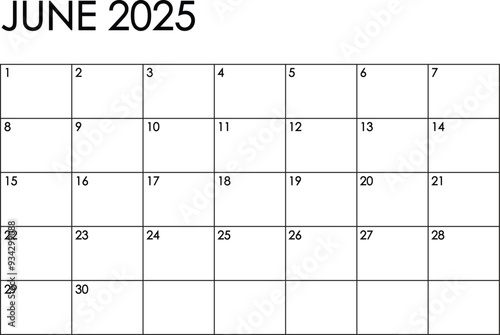 June 2025 month calendar. Simple black and white design