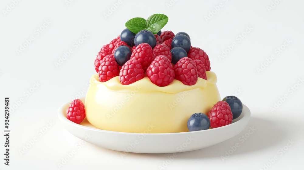 Custard with fruit topping, creamy and smooth texture, white background, 3D illustration Custard with fruit topping, creamy and smooth texture, white background, 3D illustration