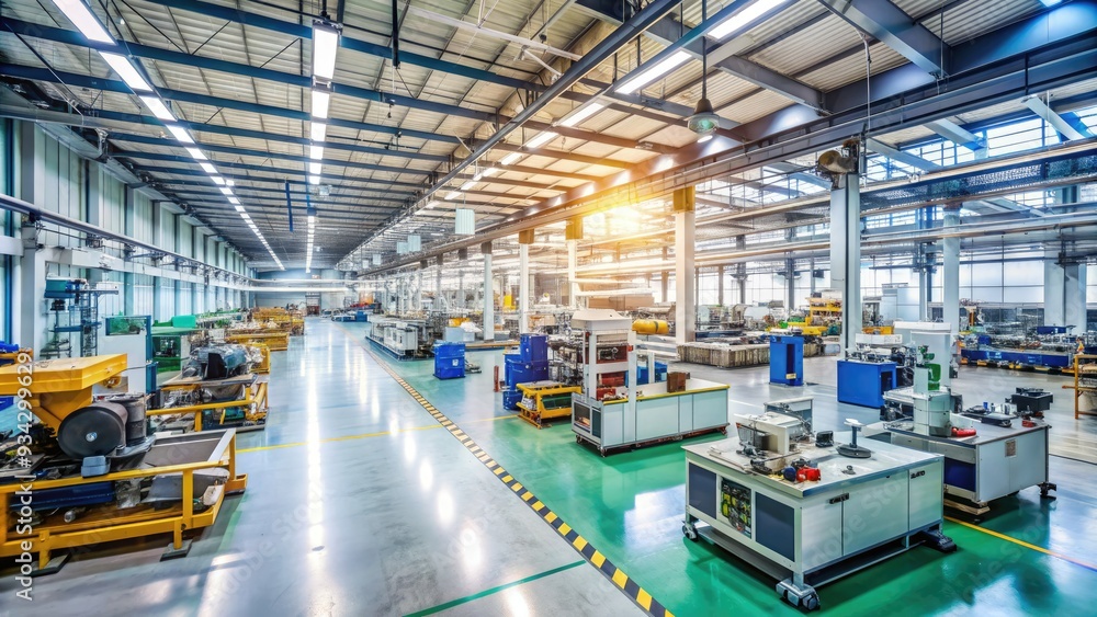 Sparkling clean factory floor with rows of machinery, tools, and instruments, awaiting maintenance and repair to ensure efficient and productive manufacturing operations. Sparkling clean factory floor with rows of machinery, tools, and instruments, awaiting maintenance and repair to ensure efficient and productive manufacturing operations.