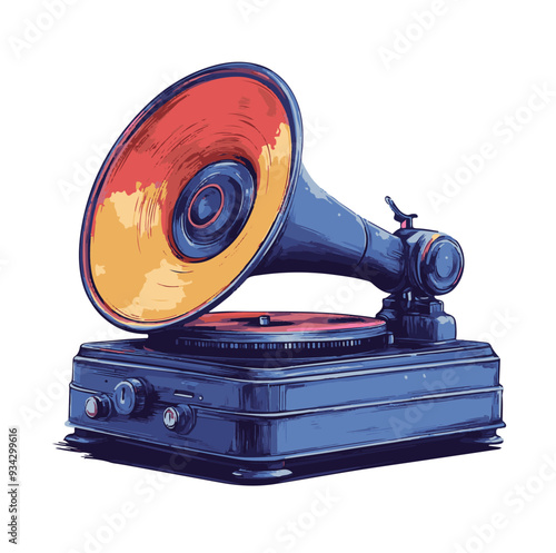 Vintage gramophone with a large orange horn and blue base cartoon, generative ai