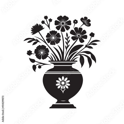 Hand drawn flowers silhoutte. Abstract drawing flowers in a vase. Hand drawing concept sketch  black line.	
