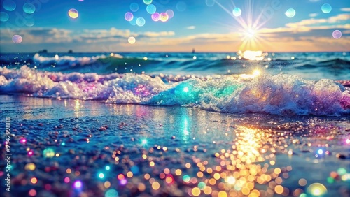 Sparkling glitter particles dance on shimmering ocean waves, capturing the essence of magic and freedom in a mesmerizing display of colorful marine beauty. photo