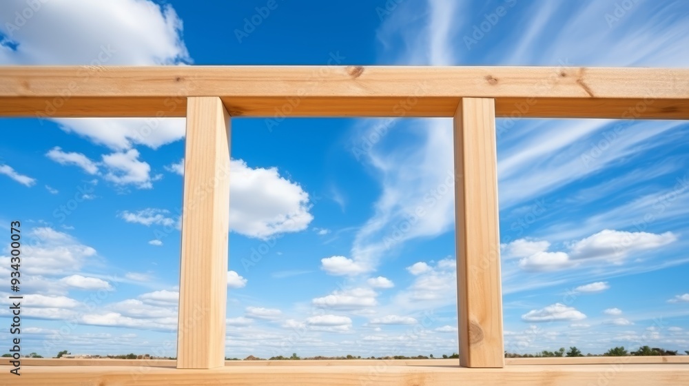 Wooden house frame construction against blue sky, concept of residential building progress Wooden house frame construction against blue sky, concept of residential building progress