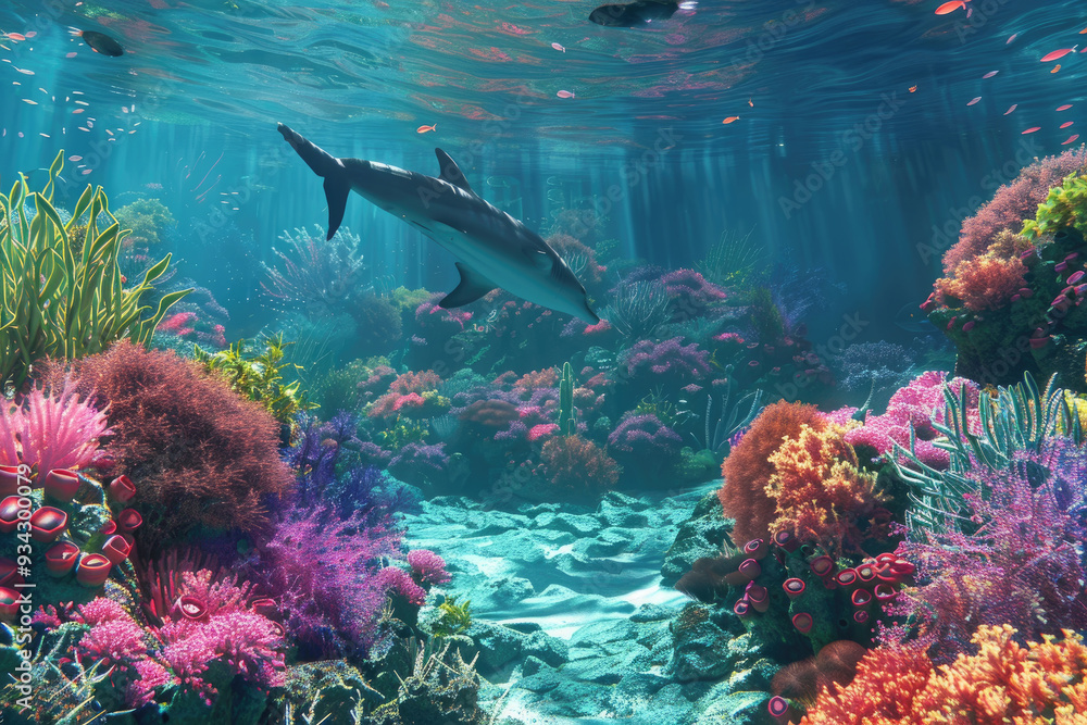 Fototapeta premium A dolphin swims gracefully through a stunning coral reef filled with colorful sea life and lush aquatic plants in bright waters