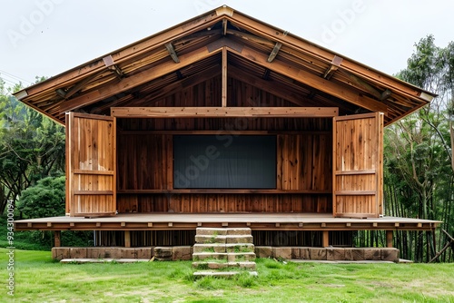 Wooden Stage with Open Doors in a Forest Setting