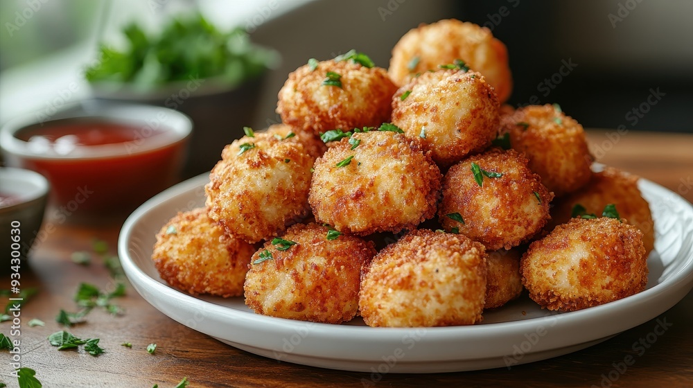 Plate of Crispy Chicken Nuggets on White Plate on Wooden Countertop in Modern Kitchen - Low-Angle Food Photography with Shallow Depth of Field
Plate of Crispy Chicken Nuggets on White Plate on Wooden Countertop in Modern Kitchen - Low-Angle Food Photography with Shallow Depth of Field