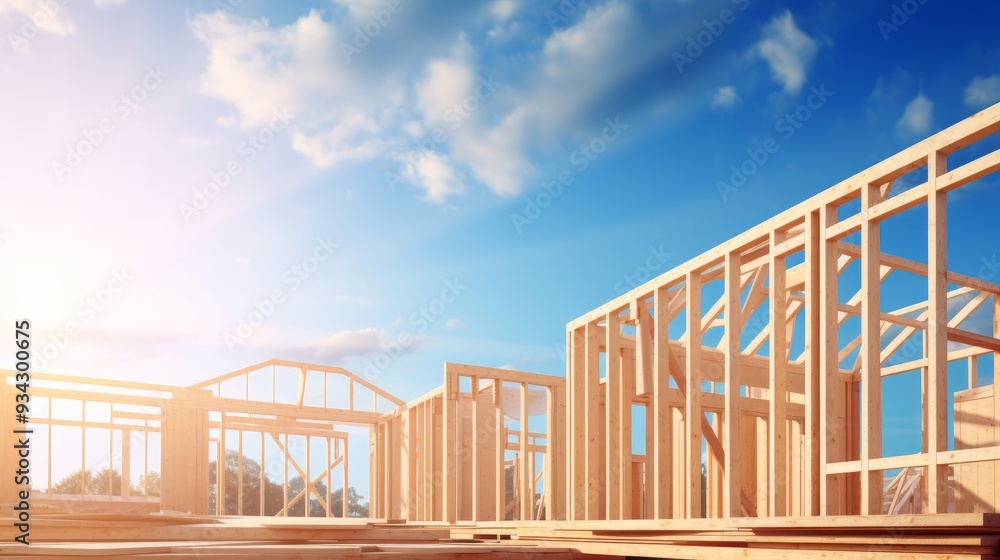 Fototapeta premium Wooden house frame construction on blue sky background, home building and real estate concept