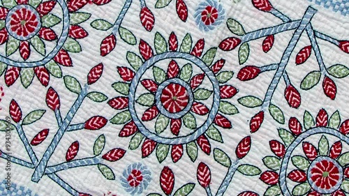 Artistry of intricate hand-sewn Nakshi Kantha, a timeless Bangladeshi textile tradition blending colorful designs and cultural heritage through exquisite stitching	 photo