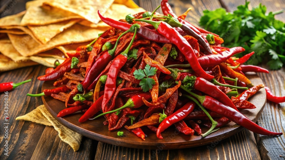Spicy red peppers and smoky chipotle chillies piled high in a vibrant heap, surrounded by fresh green cilantro and crunchy tortilla strips. Spicy red peppers and smoky chipotle chillies piled high in a vibrant heap, surrounded by fresh green cilantro and crunchy tortilla strips.