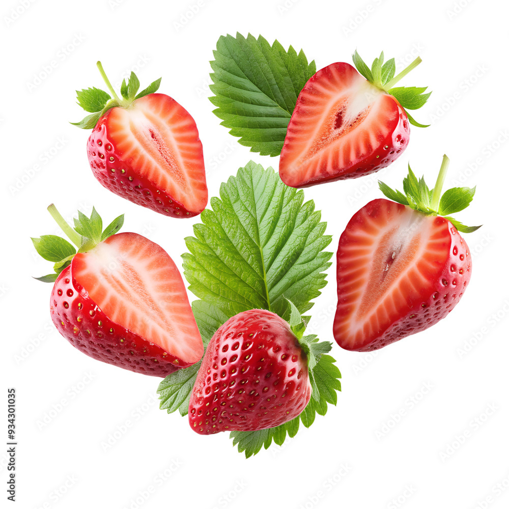 Strawberries with halved slices falling in the air with green leaves isolated on a transparent background png
Strawberries with halved slices falling in the air with green leaves isolated on a transparent background png