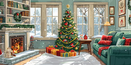 Christmas living room interior with Christmas tree and fireplace. Vector illustration.