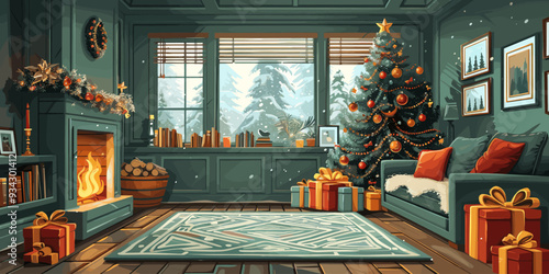 Christmas living room with Christmas tree, presents and fireplace. Vector illustration.