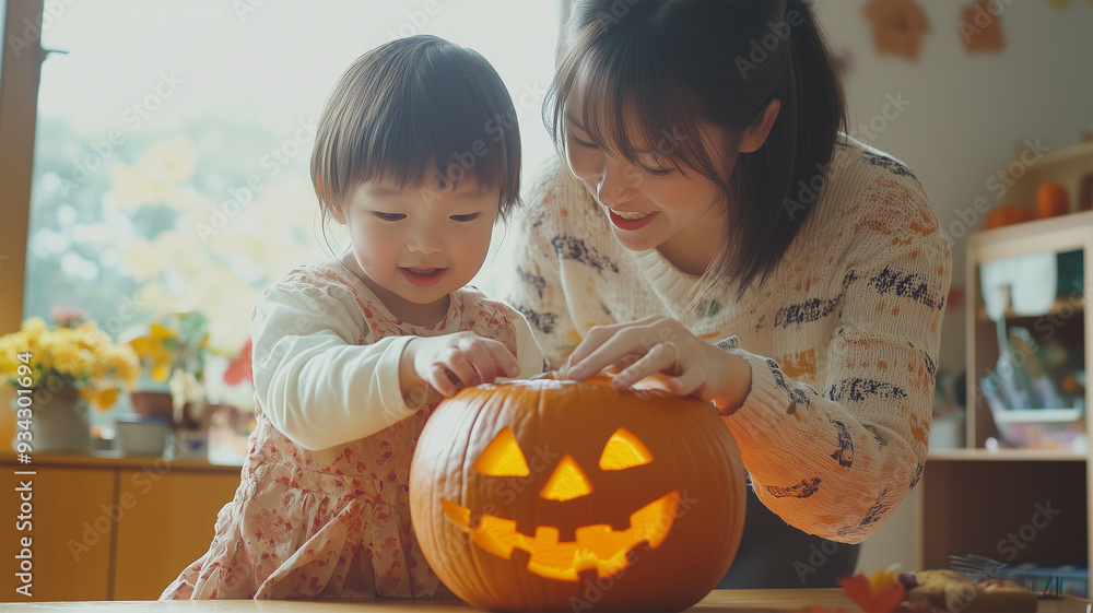 Fototapeta premium ハロウィンの準備をする親子