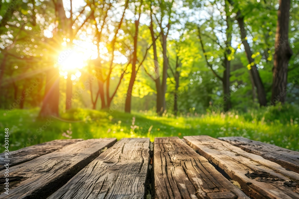 Wooden Table Top In Front Of Blurred Sunny Forest Wooden Table Top In Front Of Blurred Sunny Forest
