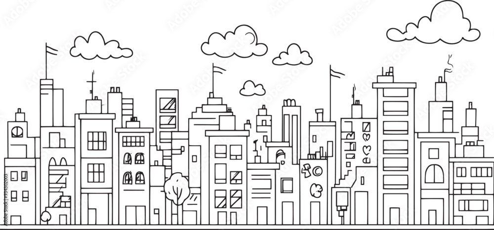 City landscape. Line urban backdrop. Skyline with clouds, different buildings on street, doodle street draw, outline cityscape hand sketch, flat houses. Hand drawn vector illustration City landscape. Line urban backdrop. Skyline with clouds, different buildings on street, doodle street draw, outline cityscape hand sketch, flat houses. Hand drawn vector illustration