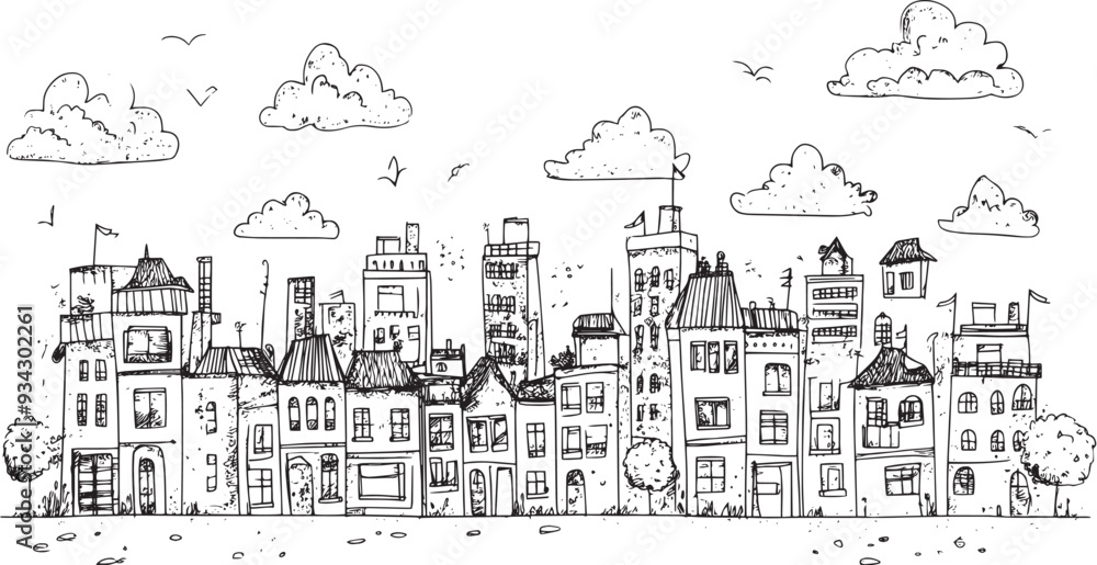 Obraz premium City landscape. Line urban backdrop. Skyline with clouds, different buildings on street, doodle street draw, outline cityscape hand sketch, flat houses. Hand drawn vector illustration
