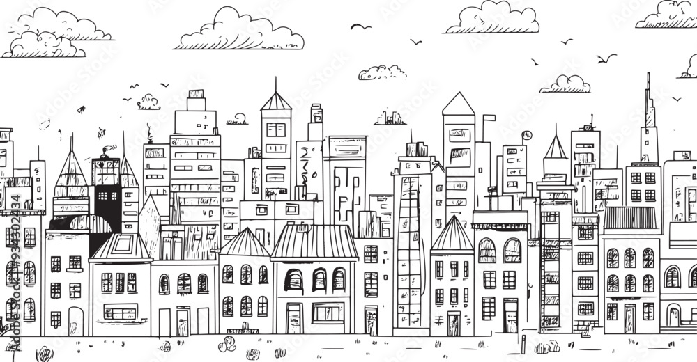 Obraz premium City landscape. Line urban backdrop. Skyline with clouds, different buildings on street, doodle street draw, outline cityscape hand sketch, flat houses. Hand drawn vector illustration