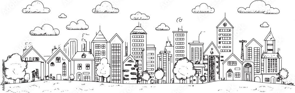 Obraz premium City landscape. Line urban backdrop. Skyline with clouds, different buildings on street, doodle street draw, outline cityscape hand sketch, flat houses. Hand drawn vector illustration
