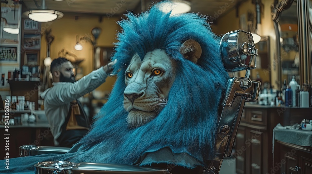 Vibrantly Styled Lion with Blue Mohawk in Trendy Barbershop: Perfect Poster Art for Sporty Interiors and Creative Spaces Vibrantly Styled Lion with Blue Mohawk in Trendy Barbershop: Perfect Poster Art for Sporty Interiors and Creative Spaces