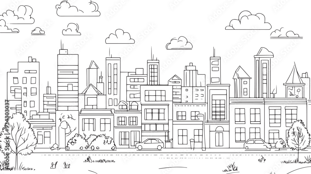 City landscape. Line urban backdrop. Skyline with clouds, different buildings on street, doodle street draw, outline cityscape hand sketch, flat houses. Hand drawn vector illustration City landscape. Line urban backdrop. Skyline with clouds, different buildings on street, doodle street draw, outline cityscape hand sketch, flat houses. Hand drawn vector illustration