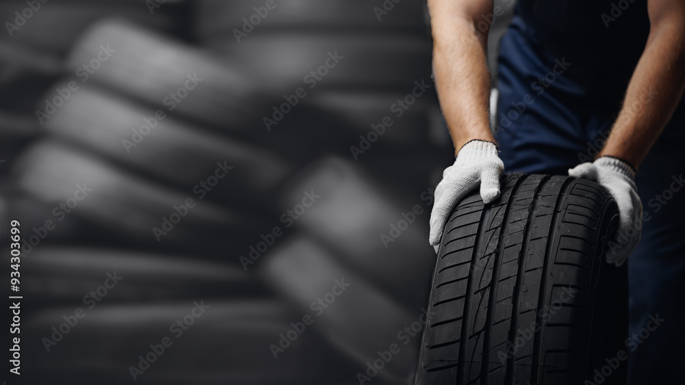 Fototapeta premium Portrait man mechanic holding new tyre on background store, car tire service concept