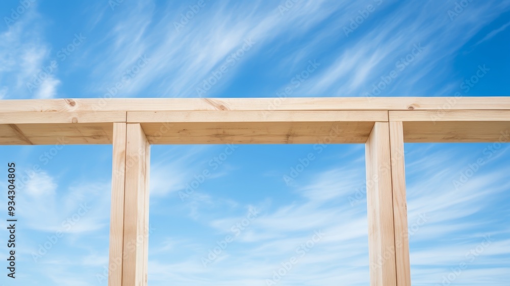 Wooden house frame construction against clear blue sky, symbolizing the concept of home building Wooden house frame construction against clear blue sky, symbolizing the concept of home building