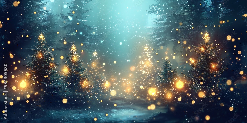 Magical winter forest with glowing Christmas trees and falling snow, creating a dreamy holiday wonderland scene Magical winter forest with glowing Christmas trees and falling snow, creating a dreamy holiday wonderland scene