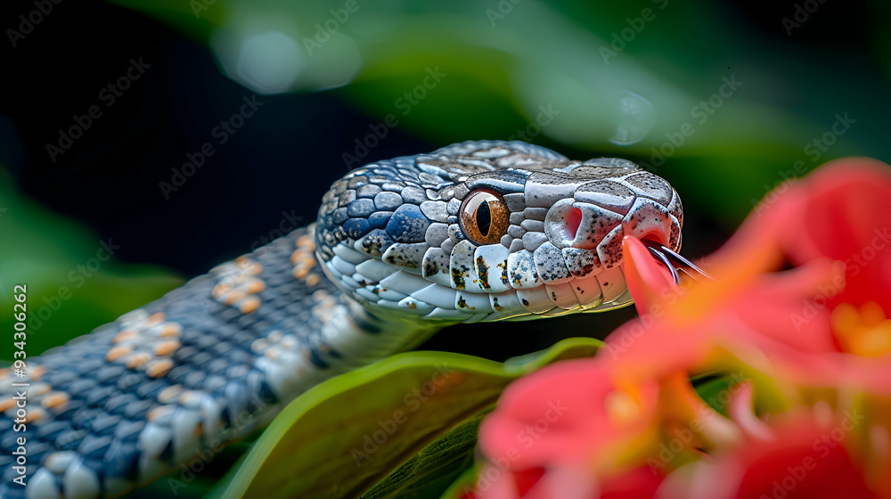 Fototapeta premium Amazon Banded Cat-eyed Snake head, showcasing its distinctive colors and patterns