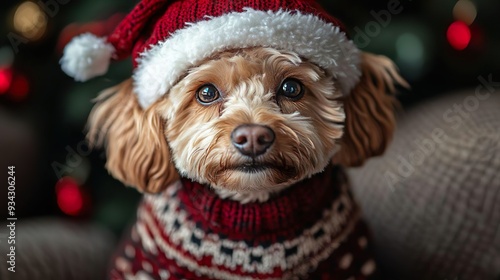 Funny Cockapoo Dog with Santa Hat on Festive Christmas Background	