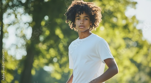 Un enfant / adolescent noir jouant et courant dans un parc en été, journée ensoleillée, sport, santé mentale, vie saine, exercice physique, jogging photo