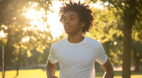 Un enfant / adolescent noir jouant et courant dans un parc en été, journée ensoleillée, sport, santé mentale, vie saine, exercice physique, jogging photo