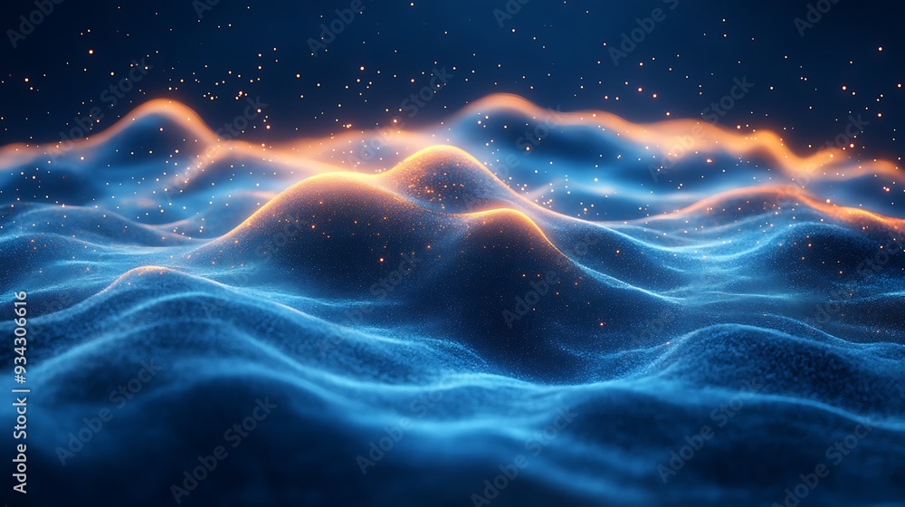 Abstract blue and orange glowing wave background with particles.